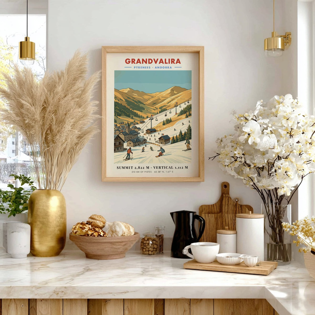 Grandvalira Andorra ski resort poster showing snow-covered mountains, ski lifts, and a stone village.