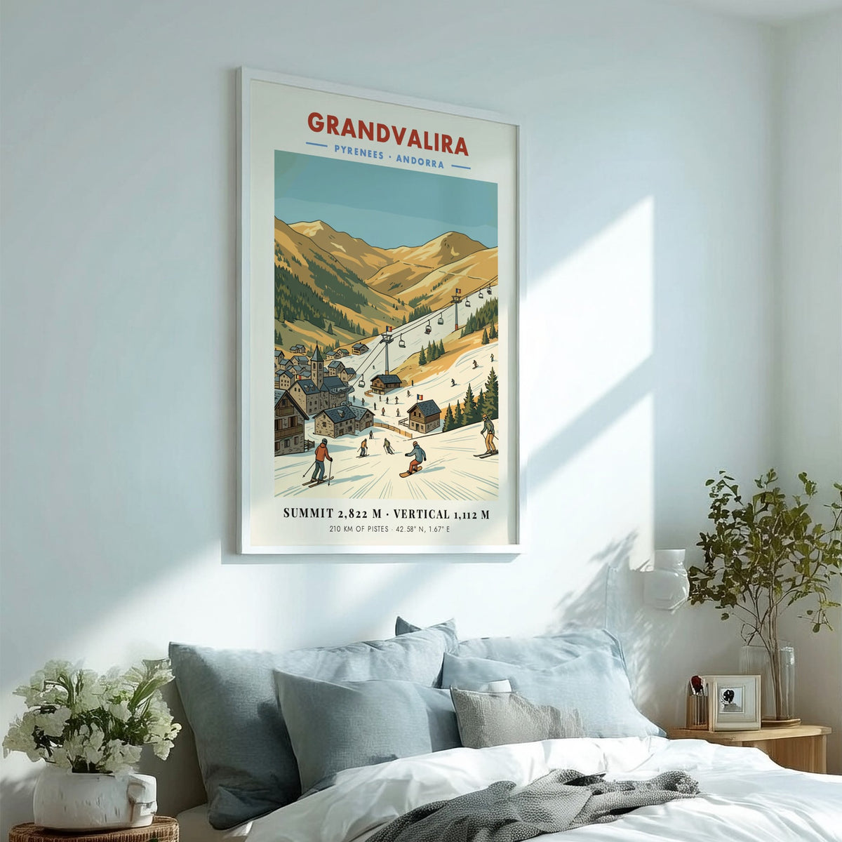 Grandvalira Andorra ski resort poster showing snow-covered mountains, ski lifts, and a stone village.