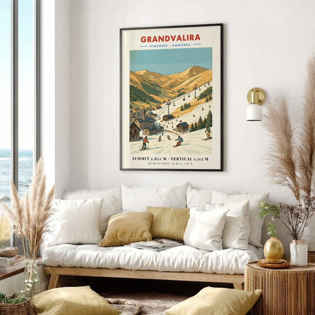 Grandvalira Andorra ski resort poster showing snow-covered mountains, ski lifts, and a stone village.