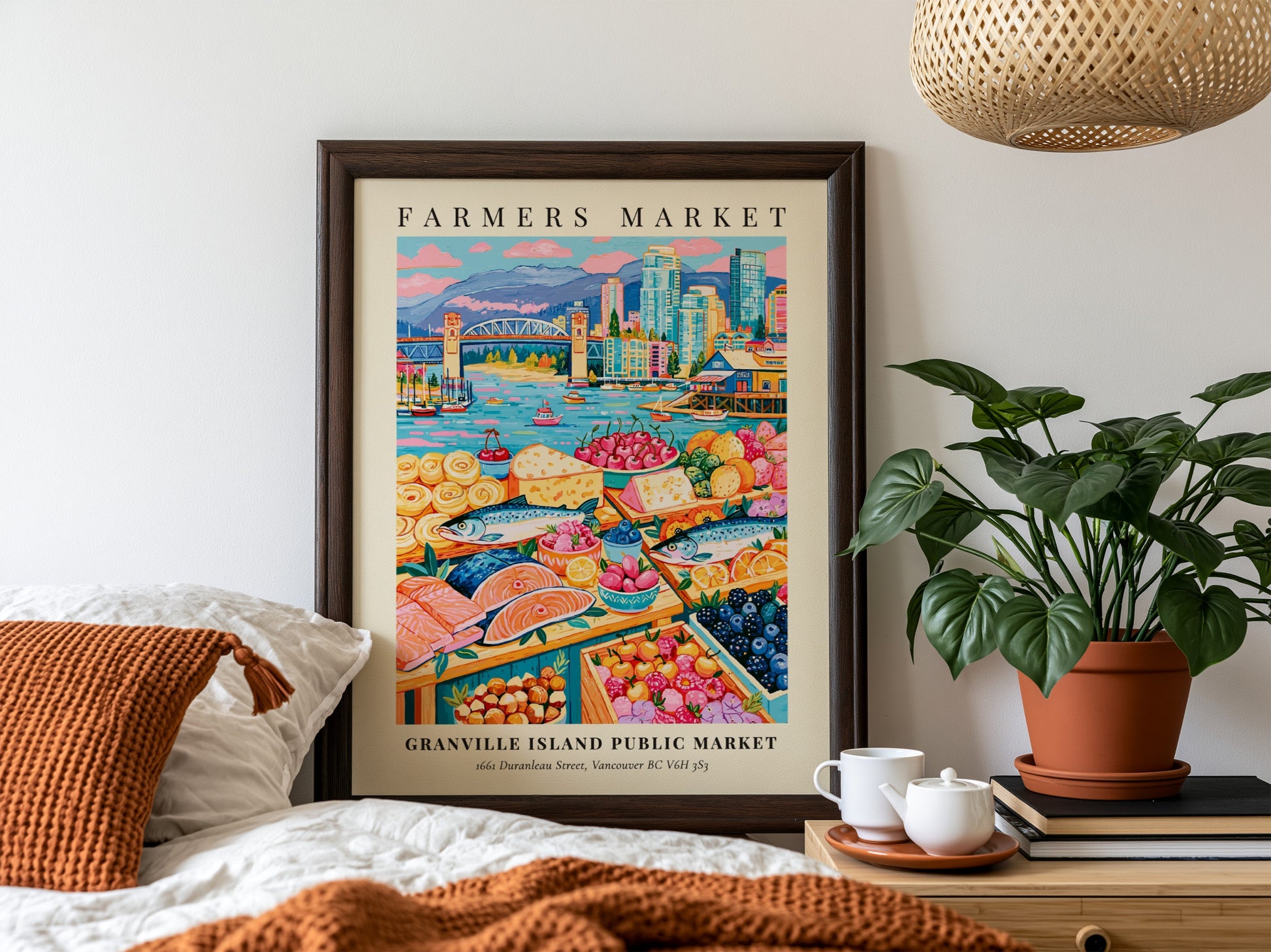 Farmers market poster featuring colorful produce and seafood with Vancouver skyline in the background