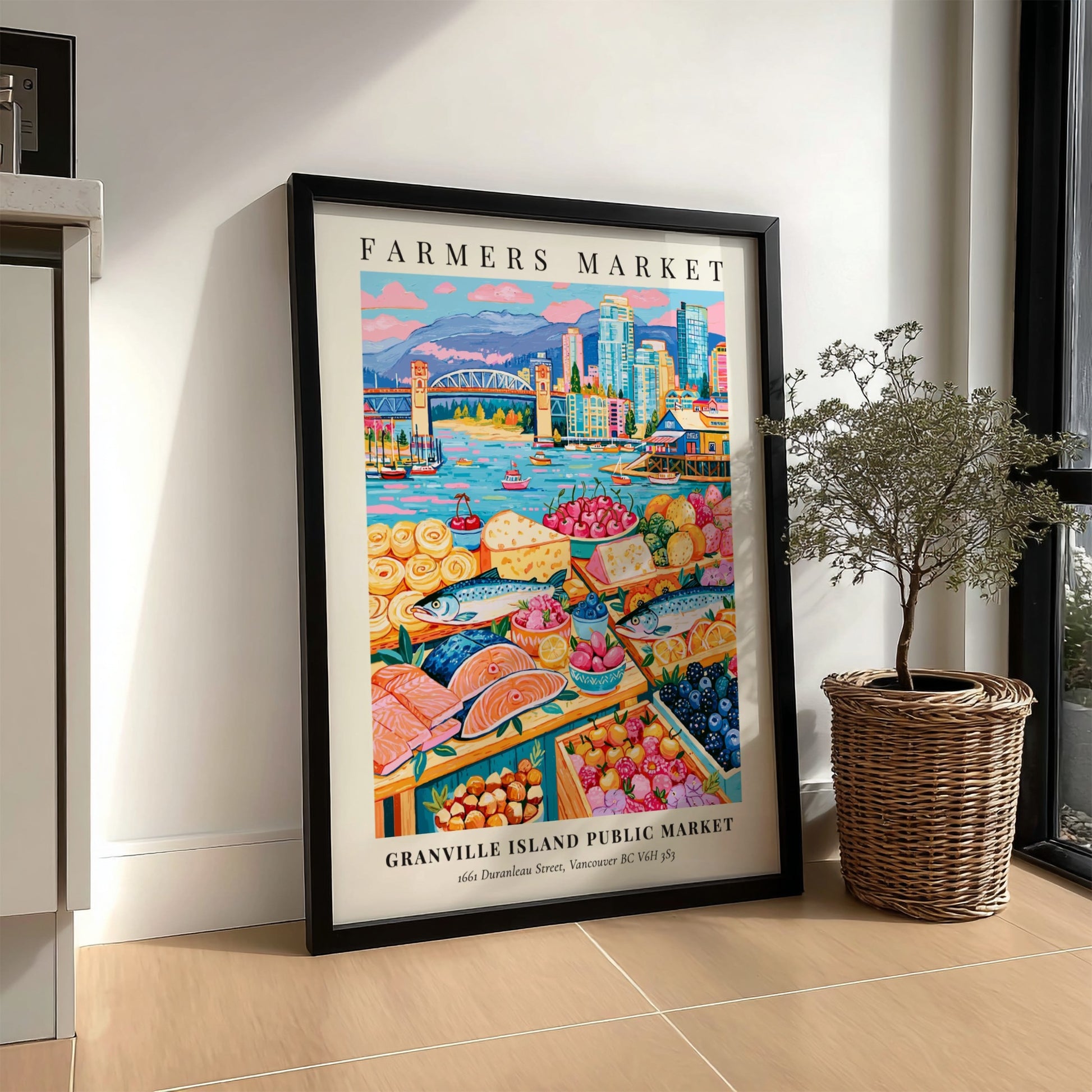 Farmers market poster featuring colorful produce and seafood with Vancouver skyline in the background
