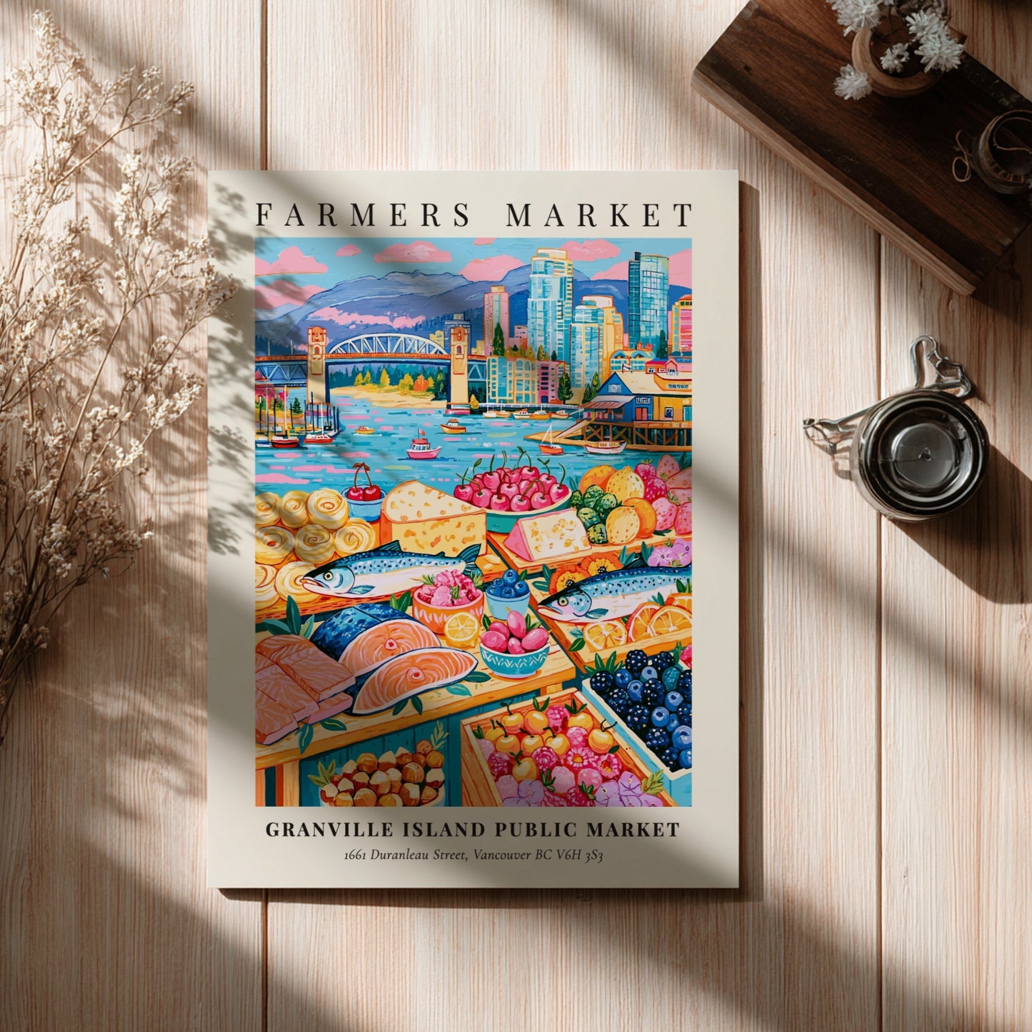 Farmers market poster featuring colorful produce and seafood with Vancouver skyline in the background