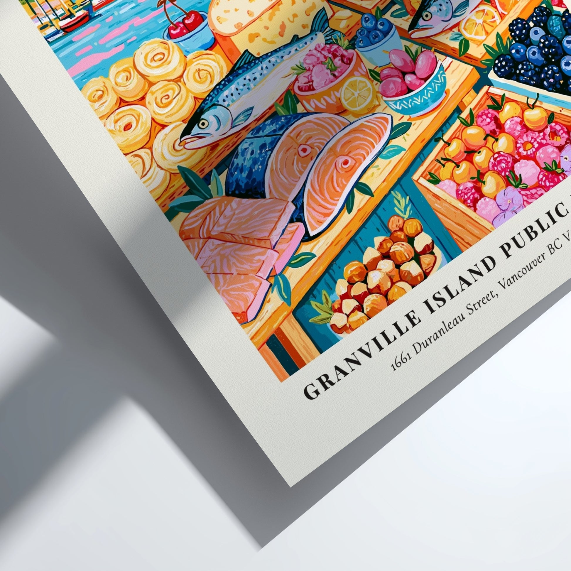 Farmers market poster featuring colorful produce and seafood with Vancouver skyline in the background