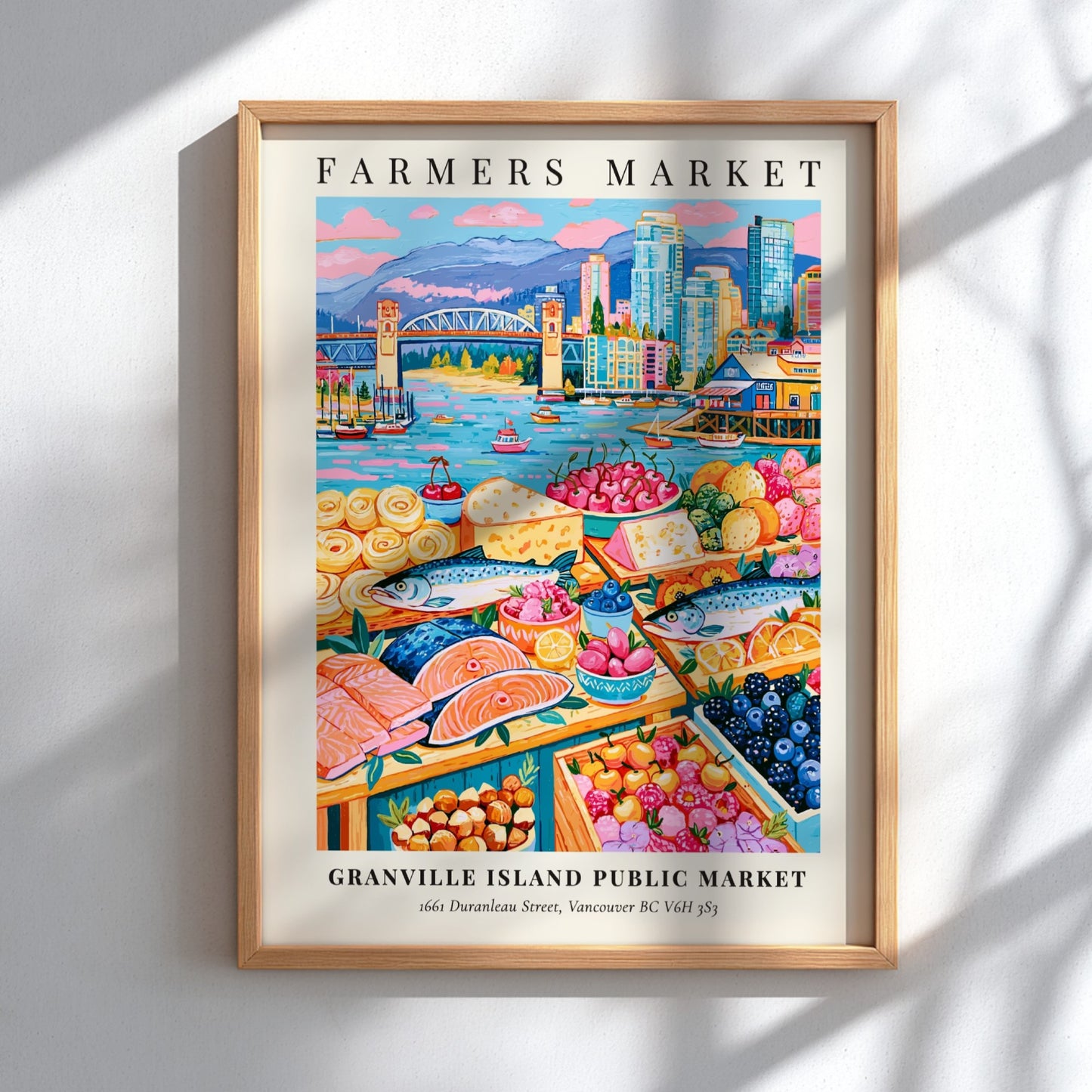 Farmers market poster featuring colorful produce and seafood with Vancouver skyline in the background