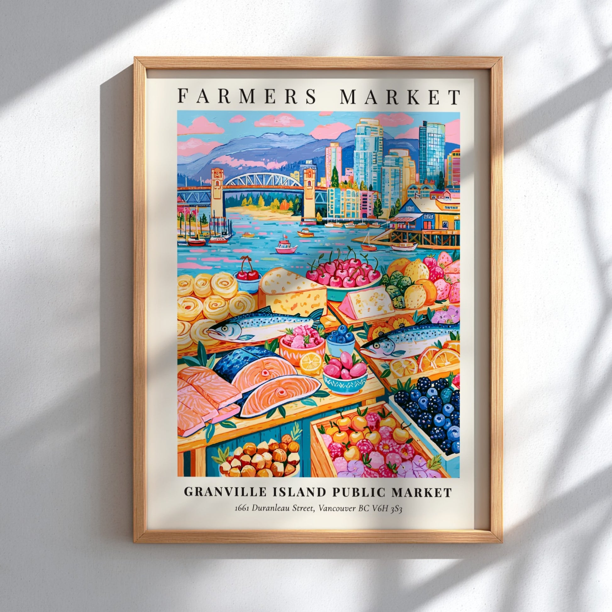 Farmers market poster featuring colorful produce and seafood with Vancouver skyline in the background