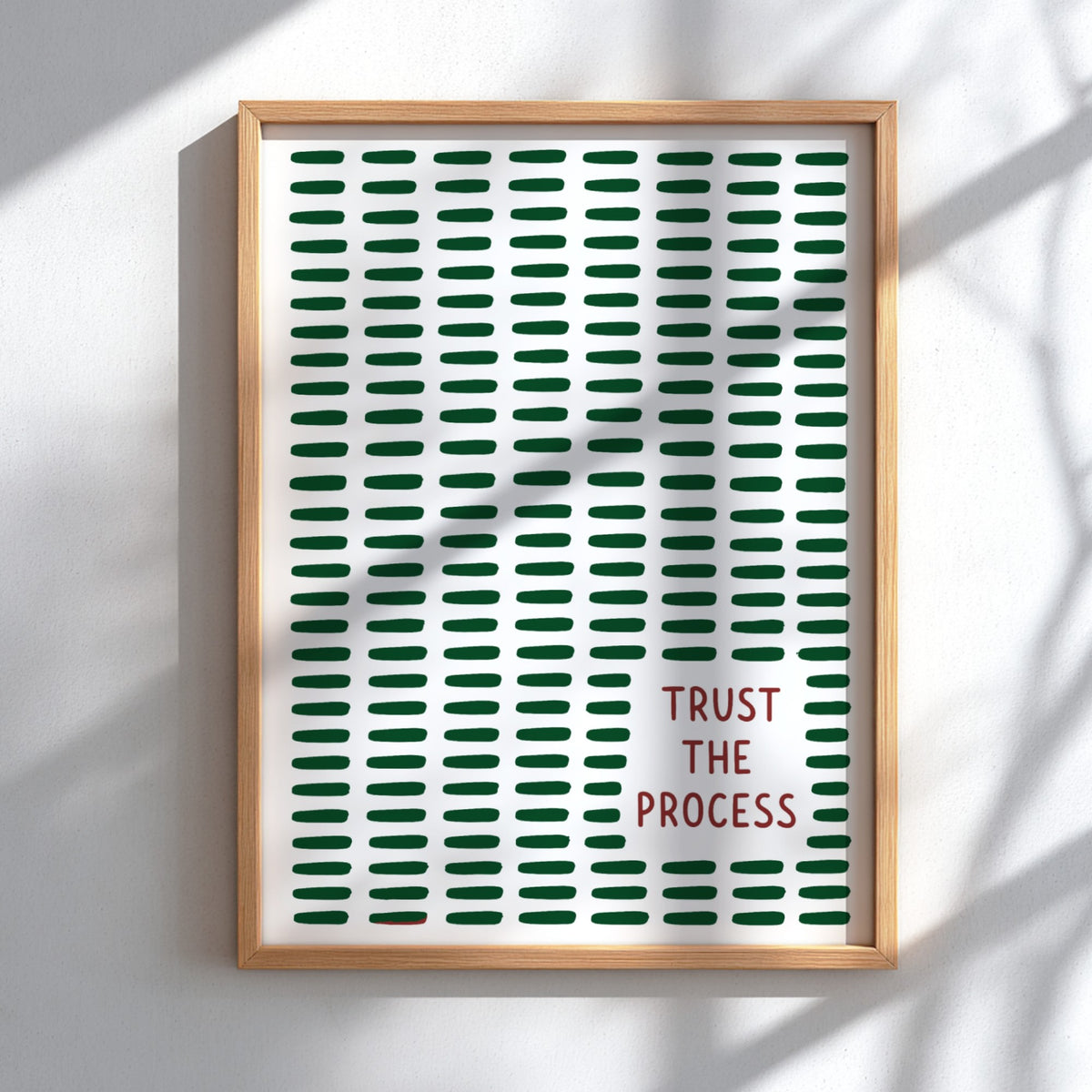 Motivational poster featuring the text Trust The Process with dark green dashed lines.