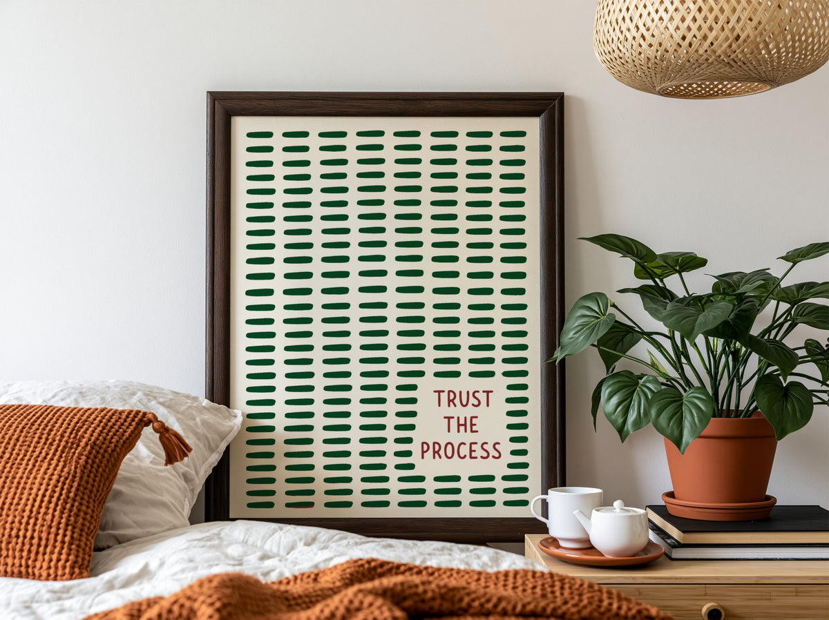 Motivational poster featuring the text Trust The Process with dark green dashed lines.