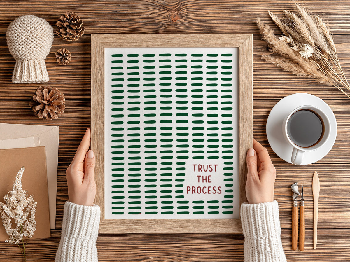 Motivational poster featuring the text Trust The Process with dark green dashed lines.