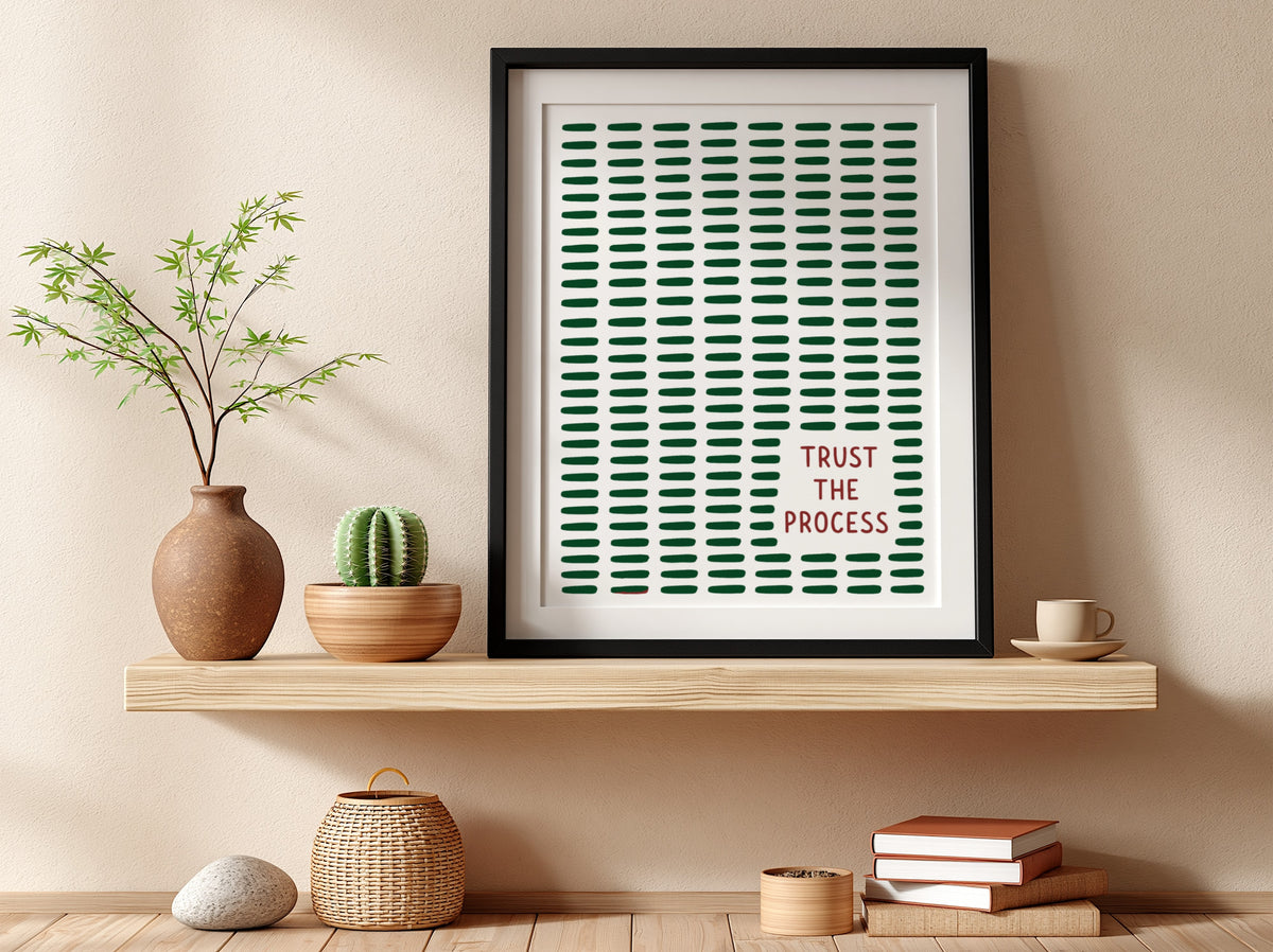 Motivational poster featuring the text Trust The Process with dark green dashed lines.