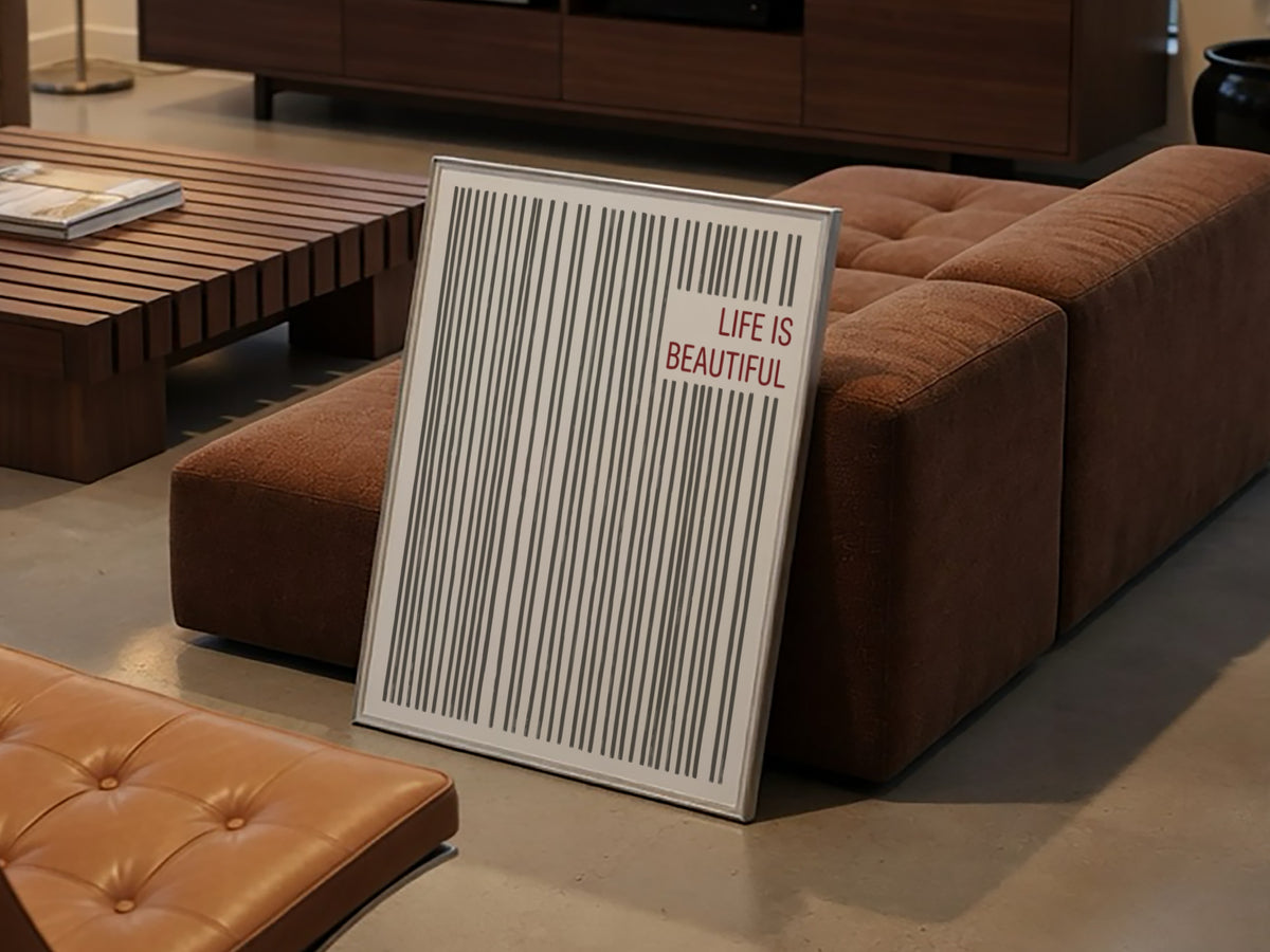 Motivational poster with vertical charcoal lines and the text Life Is Beautiful in red