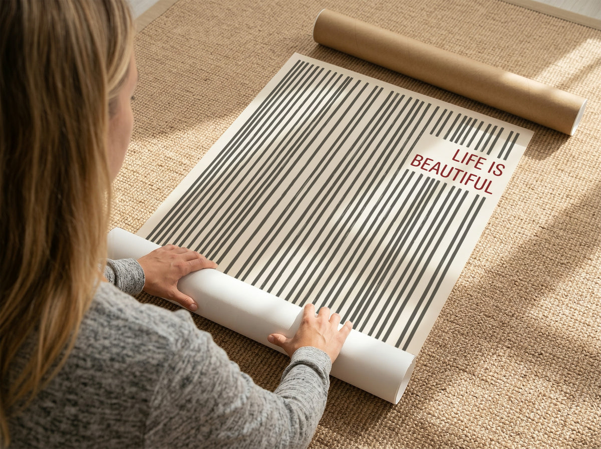 Motivational poster with vertical charcoal lines and the text Life Is Beautiful in red