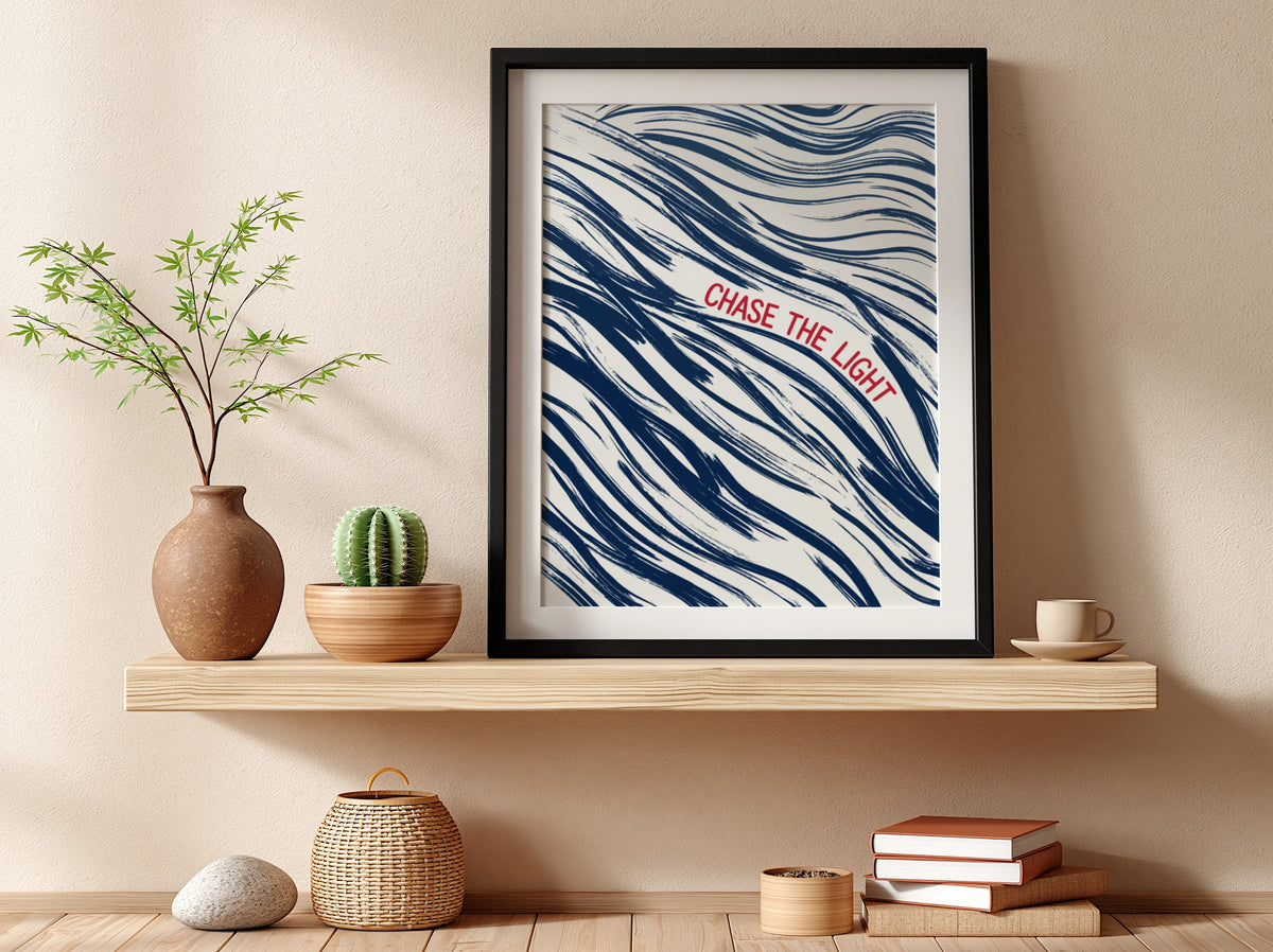 Motivational poster with navy wave brushstrokes and red Chase The Light text overlay.