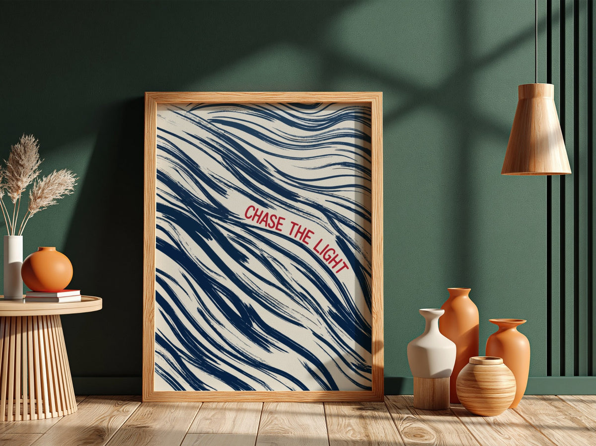 Motivational poster with navy wave brushstrokes and red Chase The Light text overlay.