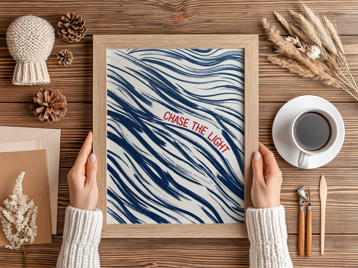 Motivational poster with navy wave brushstrokes and red Chase The Light text overlay.