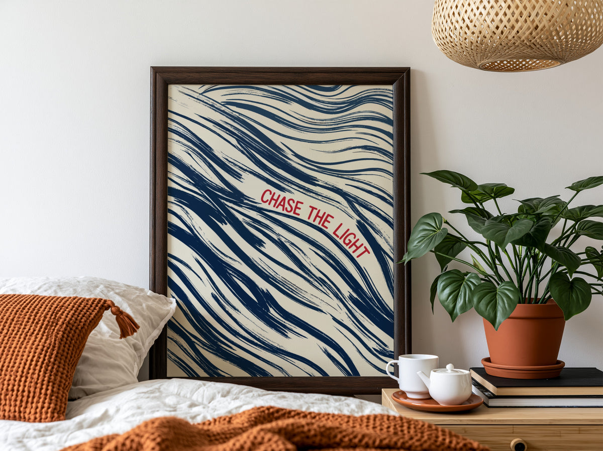 Motivational poster with navy wave brushstrokes and red Chase The Light text overlay.