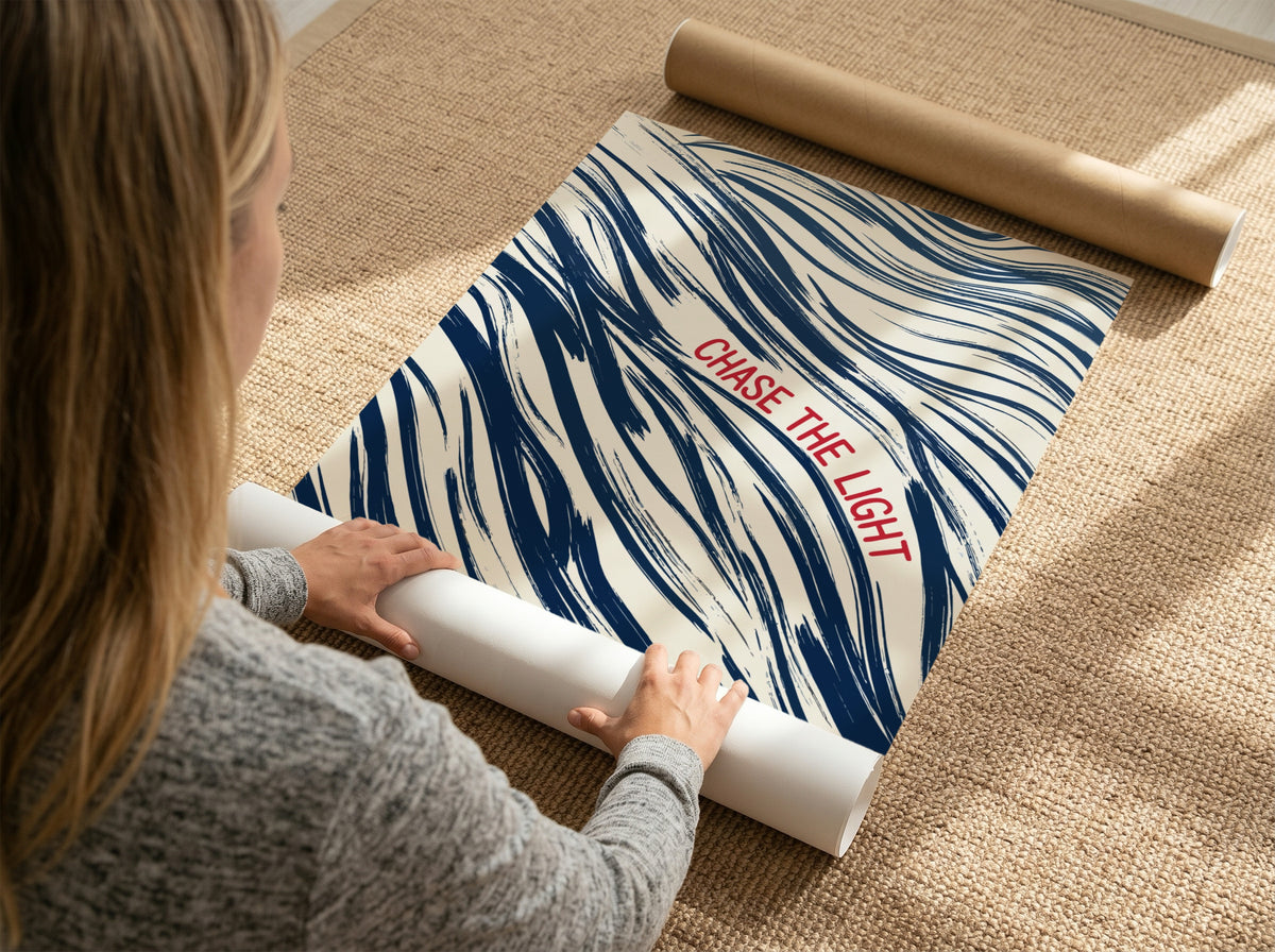 Motivational poster with navy wave brushstrokes and red Chase The Light text overlay.