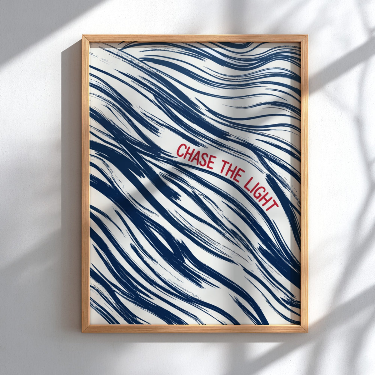 Motivational poster with navy wave brushstrokes and red Chase The Light text overlay.
