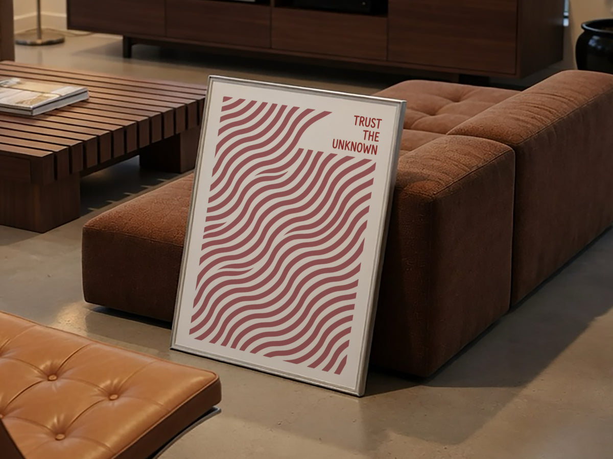 Motivational poster featuring wavy terracotta lines with the text Trust The Unknown above.