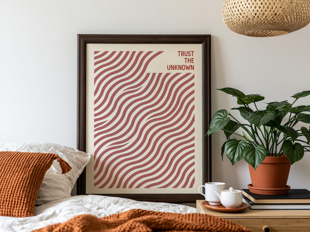 Motivational poster featuring wavy terracotta lines with the text Trust The Unknown above.
