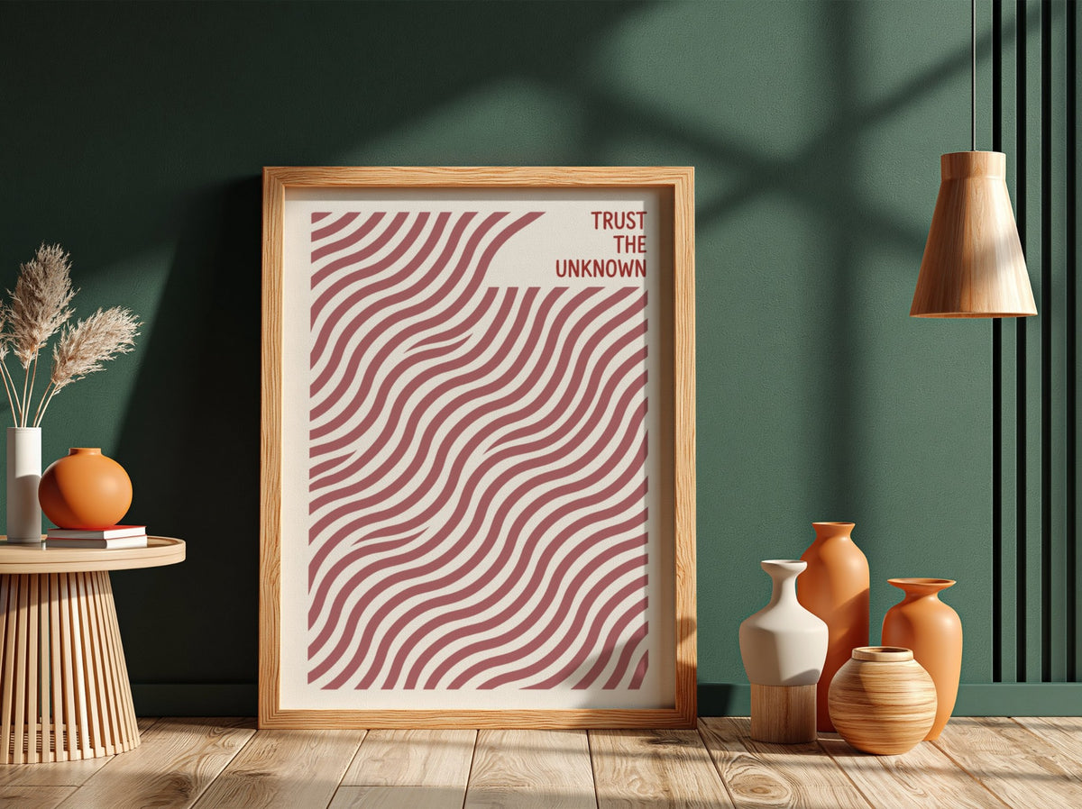 Motivational poster featuring wavy terracotta lines with the text Trust The Unknown above.