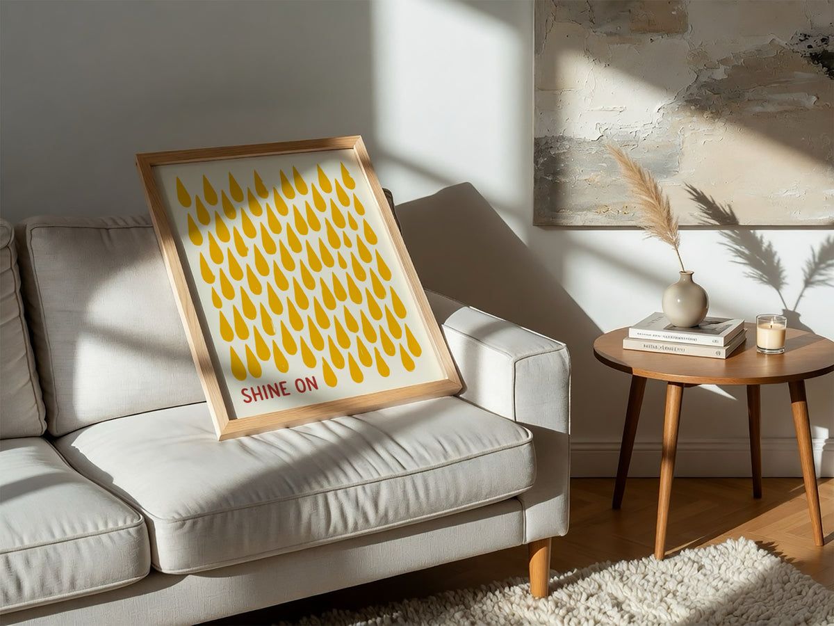 Motivational poster with yellow raindrop patterns on cream background and Shine On text