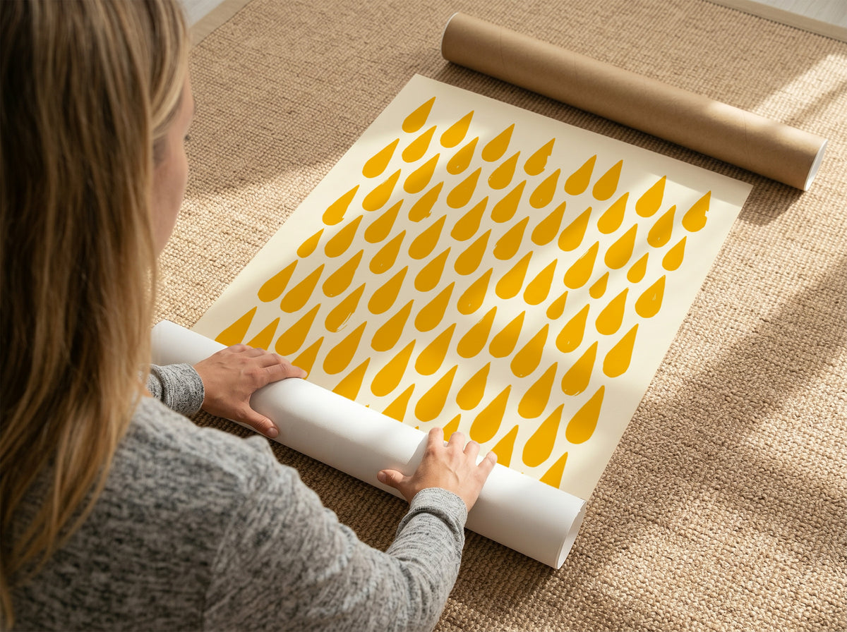 Motivational poster with yellow raindrop patterns on cream background and Shine On text