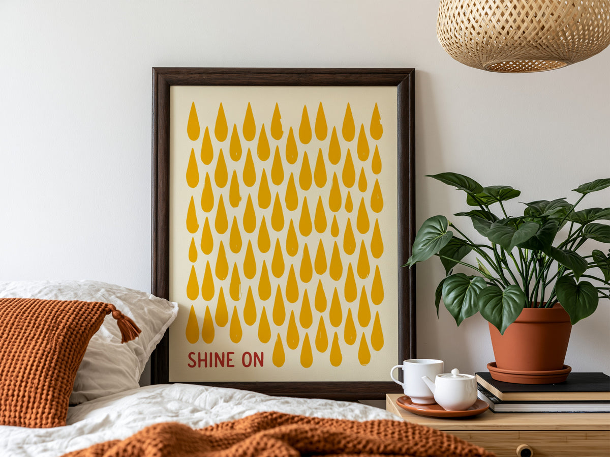 Motivational poster with yellow raindrop patterns on cream background and Shine On text