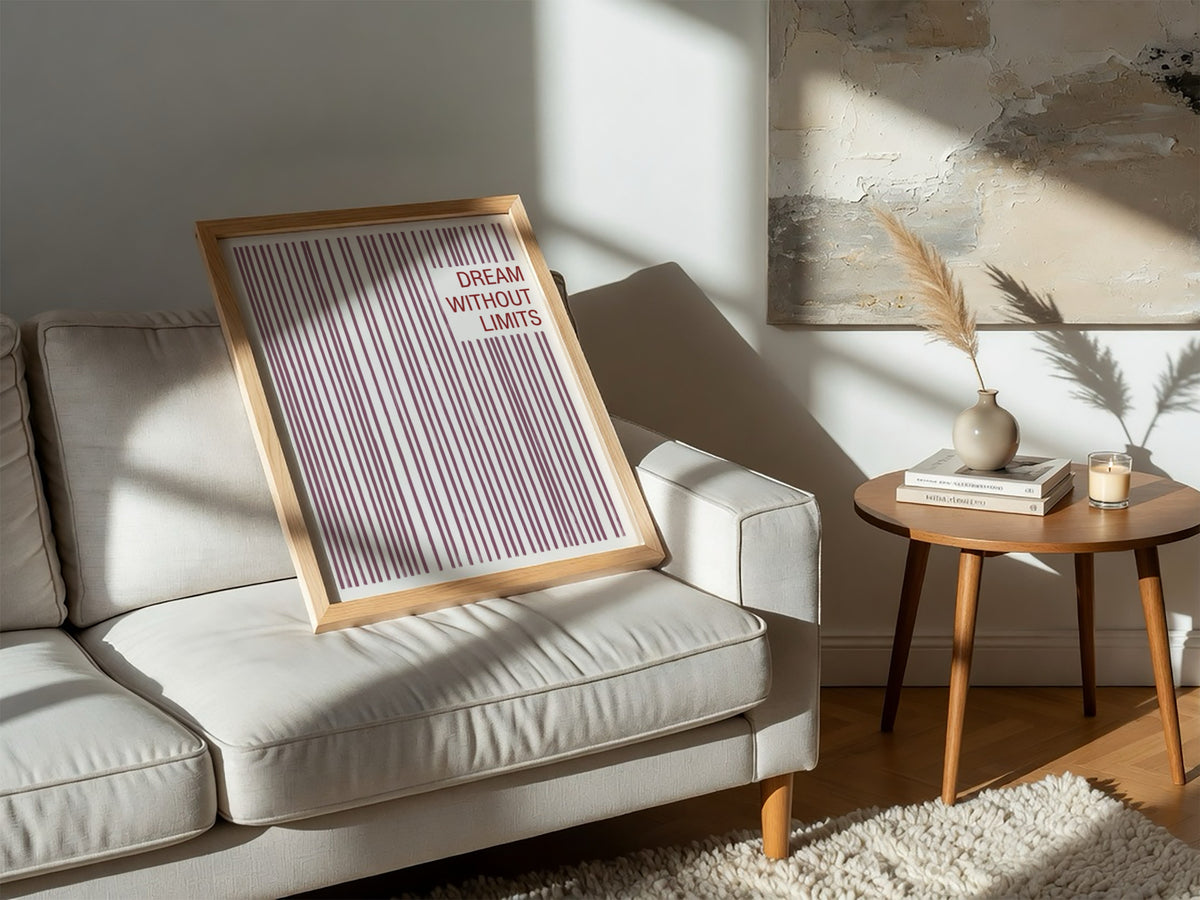 Motivational poster with vertical mauve lines and the text Dream Without Limits included.