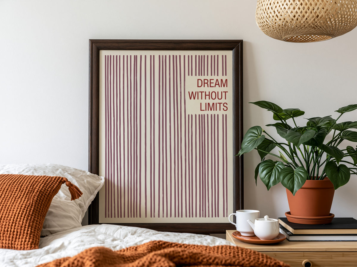 Motivational poster with vertical mauve lines and the text Dream Without Limits included.