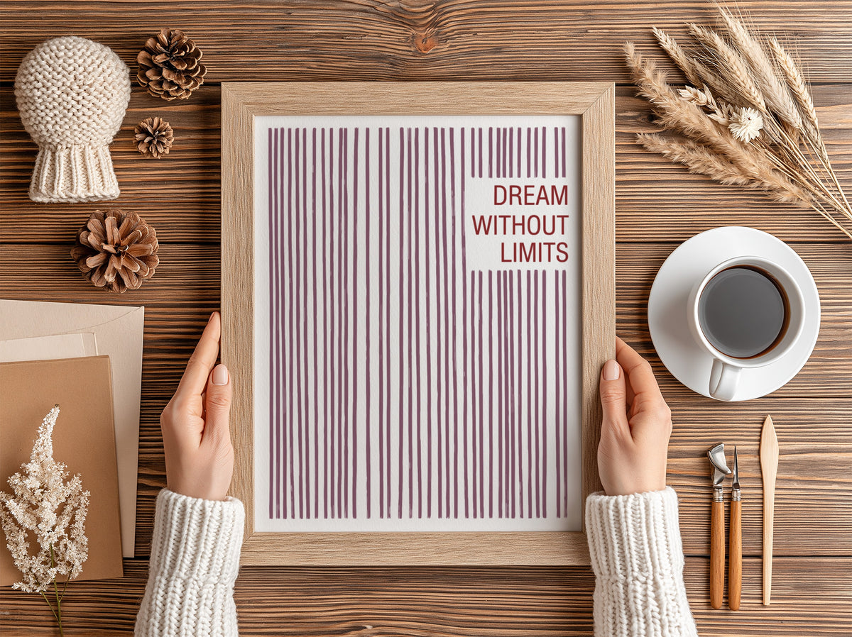 Motivational poster with vertical mauve lines and the text Dream Without Limits included.