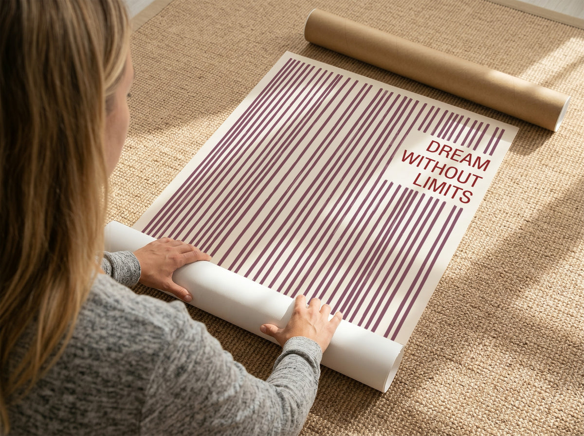 Motivational poster with vertical mauve lines and the text Dream Without Limits included.