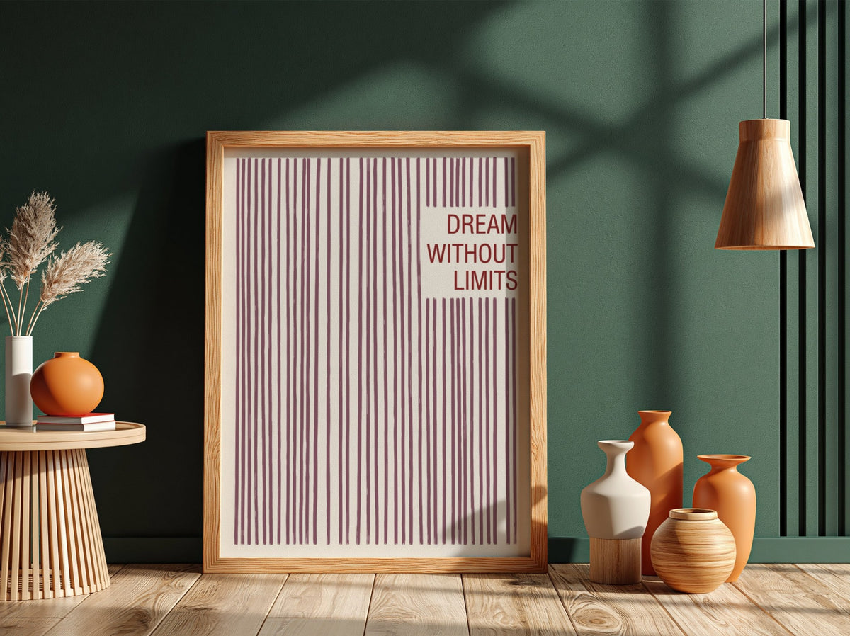 Motivational poster with vertical mauve lines and the text Dream Without Limits included.