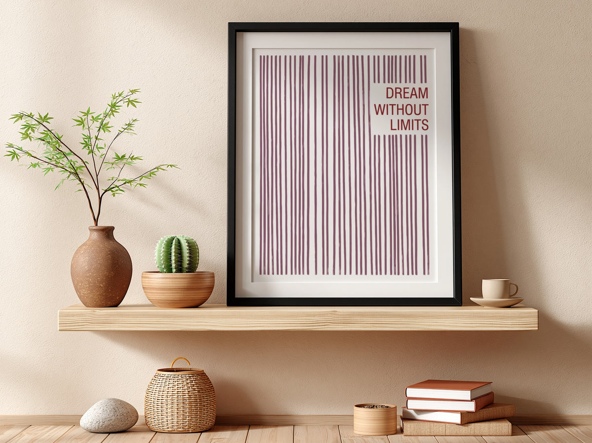 Motivational poster with vertical mauve lines and the text Dream Without Limits included.
