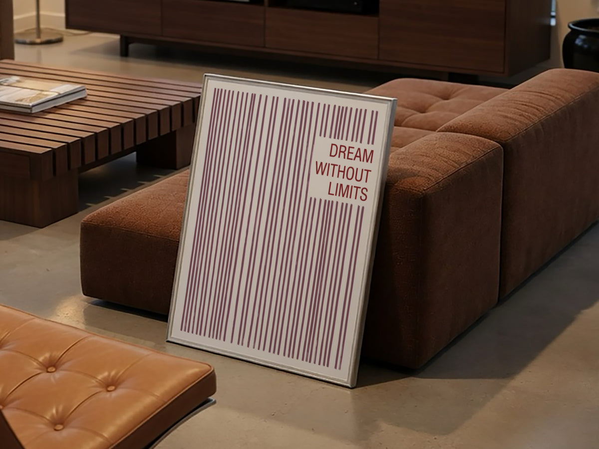 Motivational poster with vertical mauve lines and the text Dream Without Limits included.