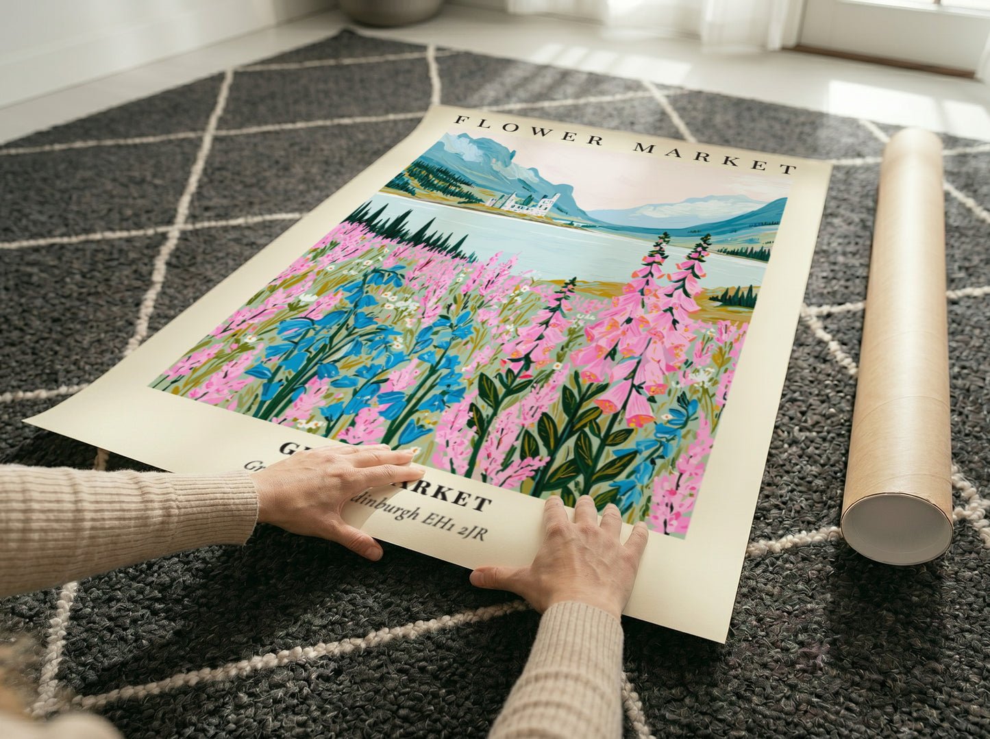 Floral art print featuring pink and blue wildflowers in a serene landscape