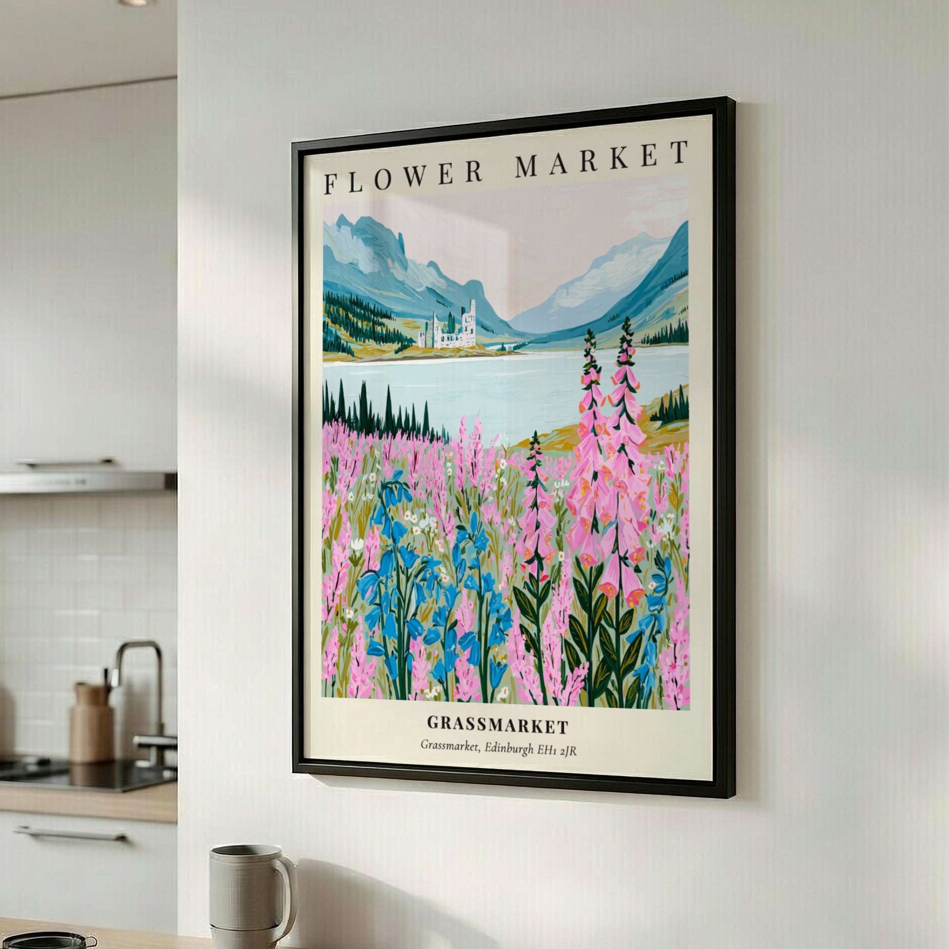 Floral art print featuring pink and blue wildflowers in a serene landscape