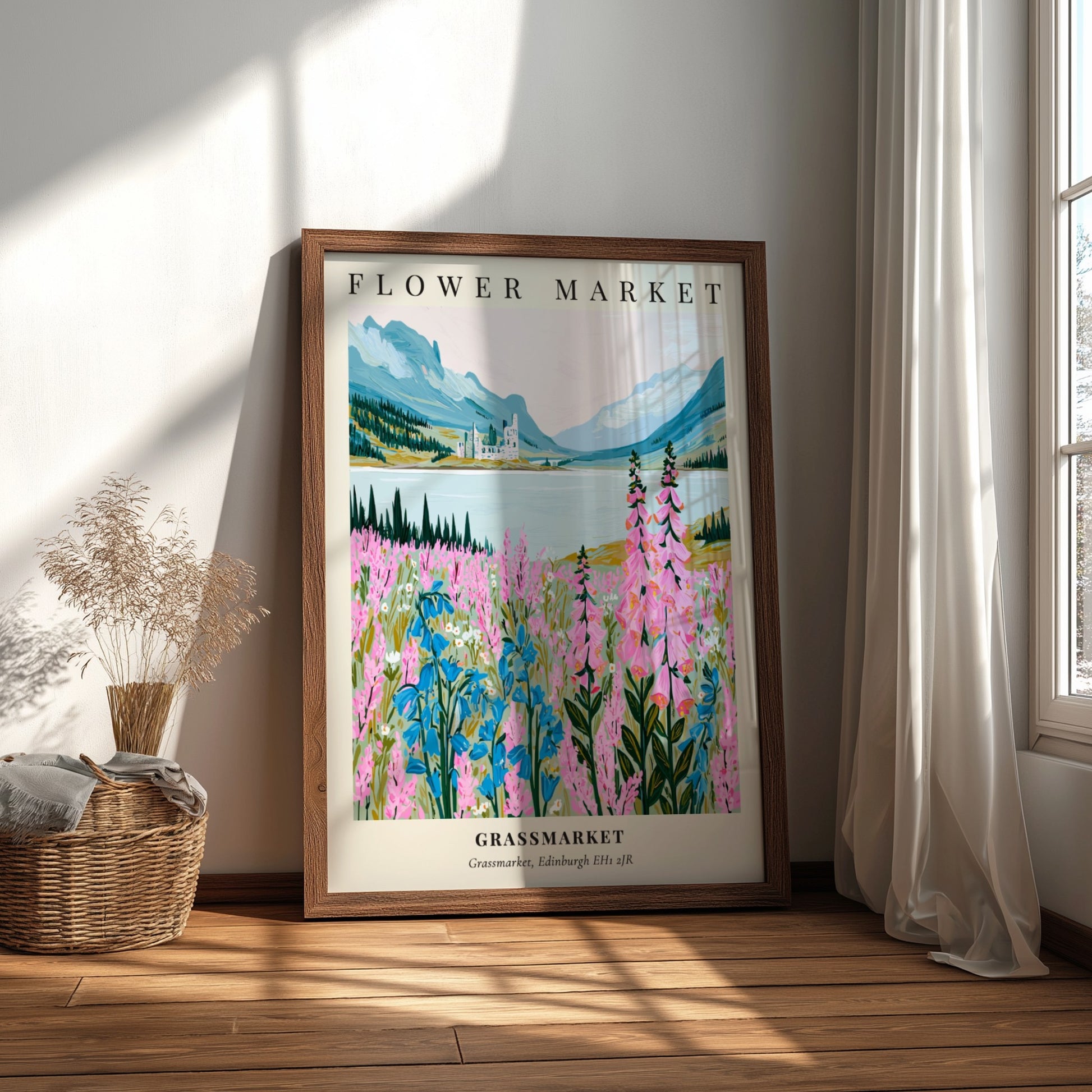 Floral art print featuring pink and blue wildflowers in a serene landscape