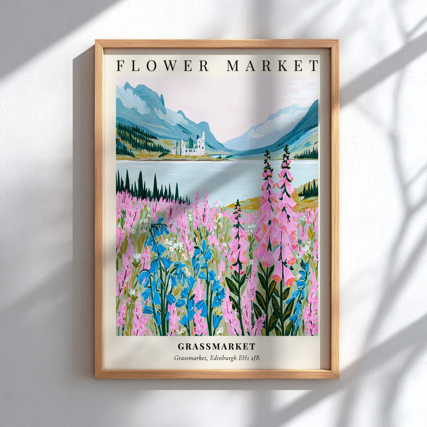 Floral art print featuring pink and blue wildflowers in a serene landscape