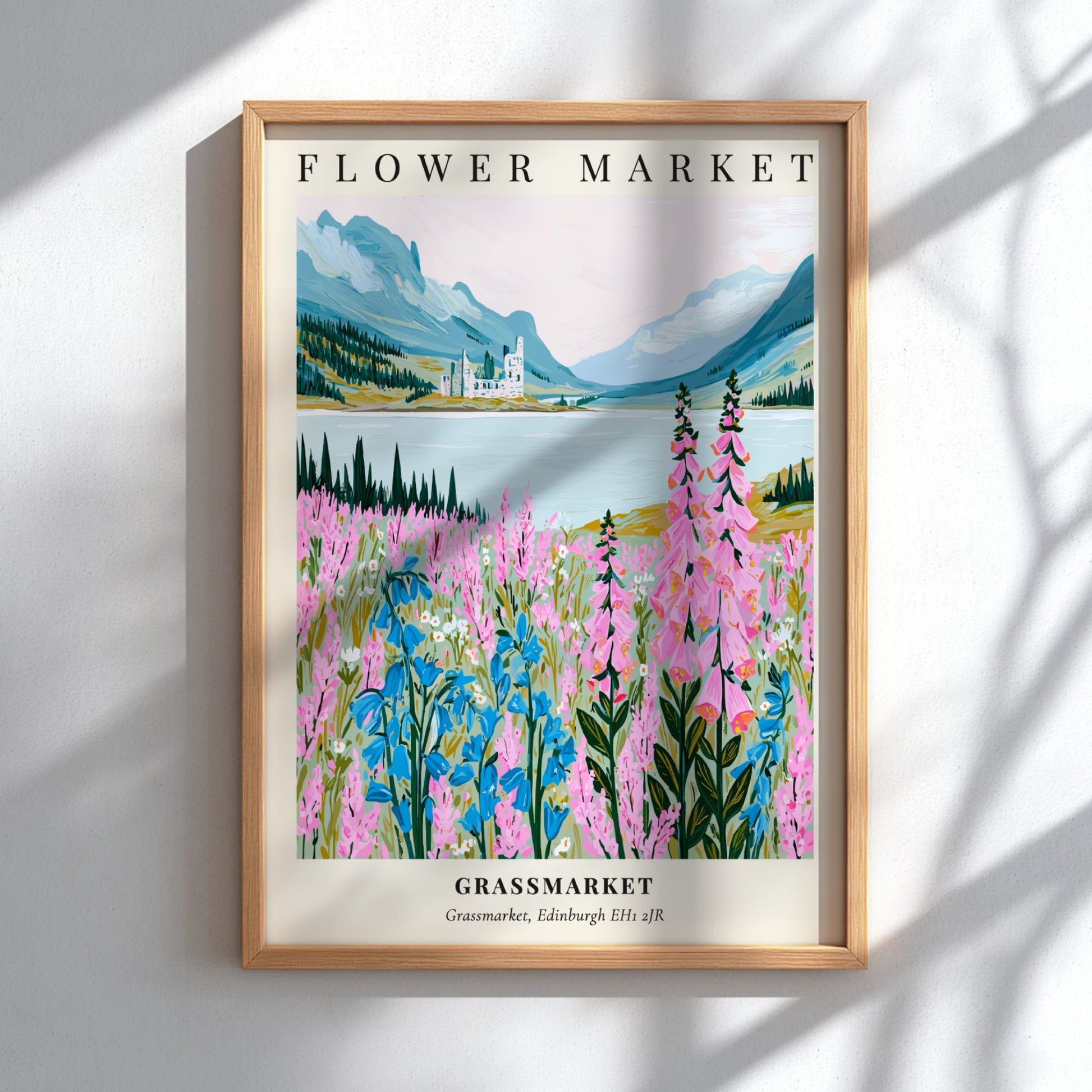 Floral art print featuring pink and blue wildflowers in a serene landscape
