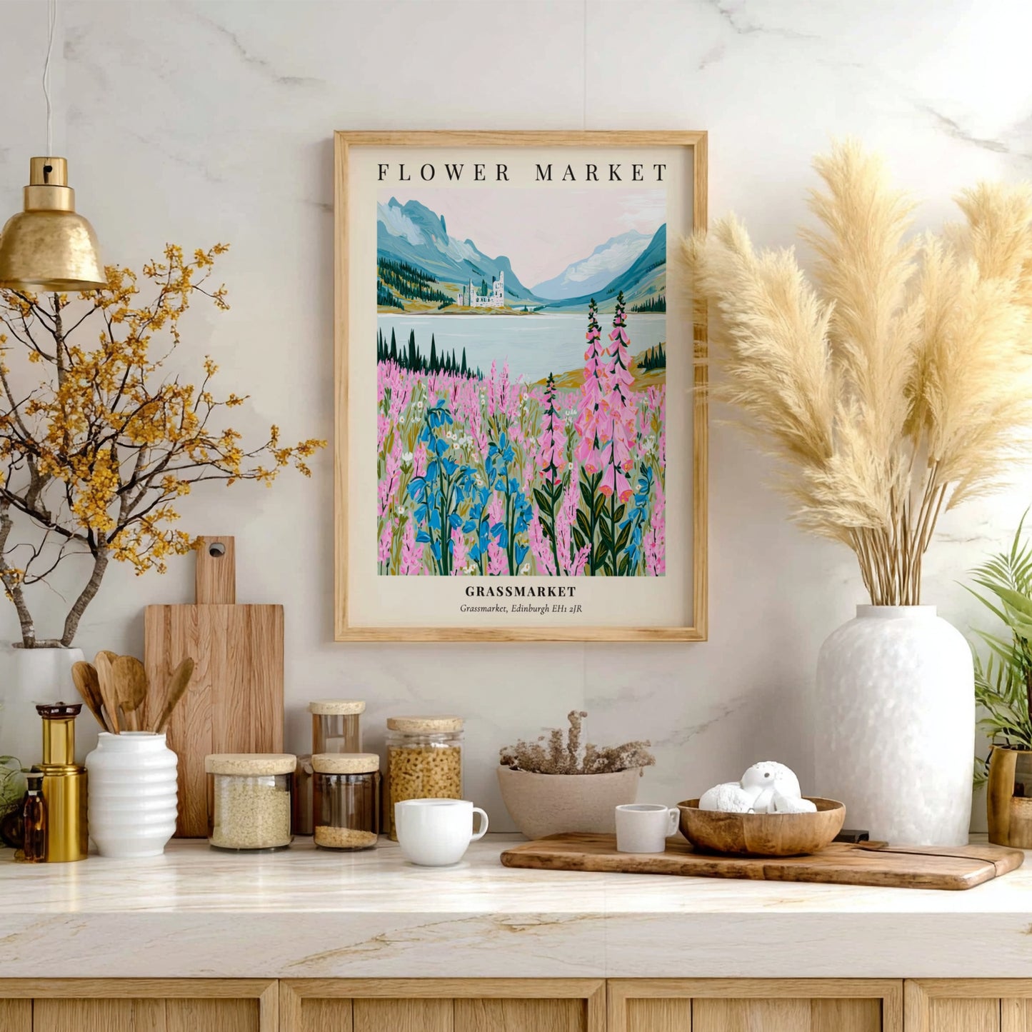 Floral art print featuring pink and blue wildflowers in a serene landscape