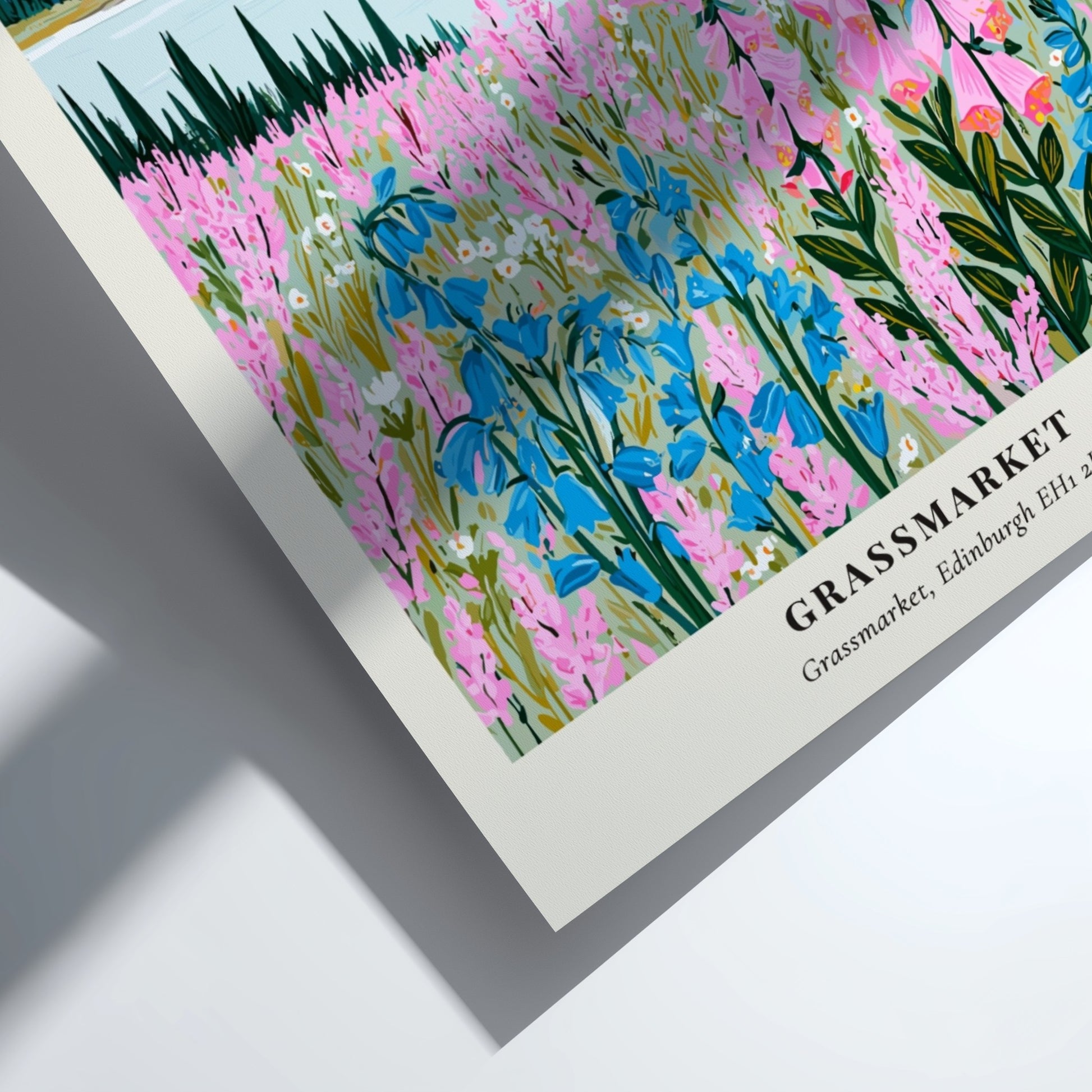 Floral art print featuring pink and blue wildflowers in a serene landscape