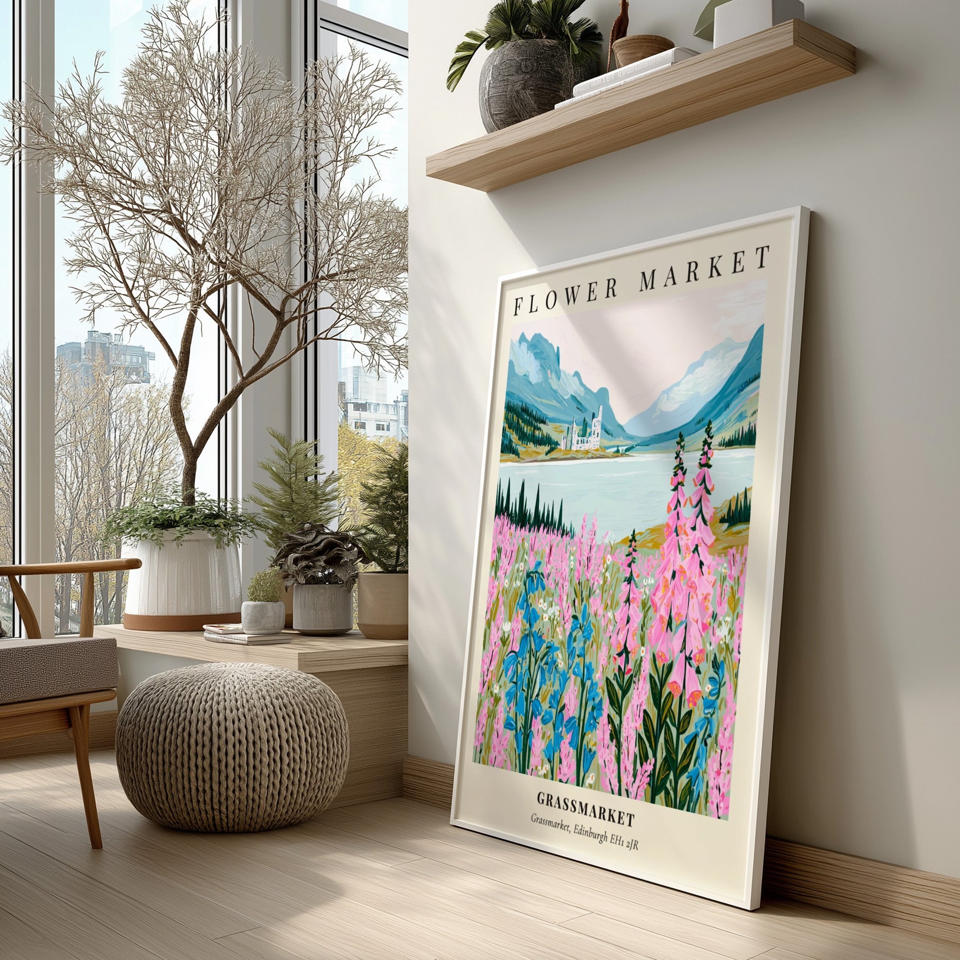 Floral art print featuring pink and blue wildflowers in a serene landscape