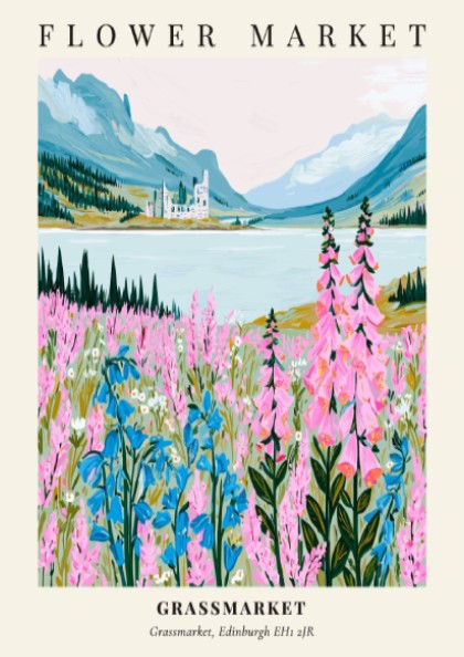 Floral art print featuring pink and blue wildflowers in a serene landscape