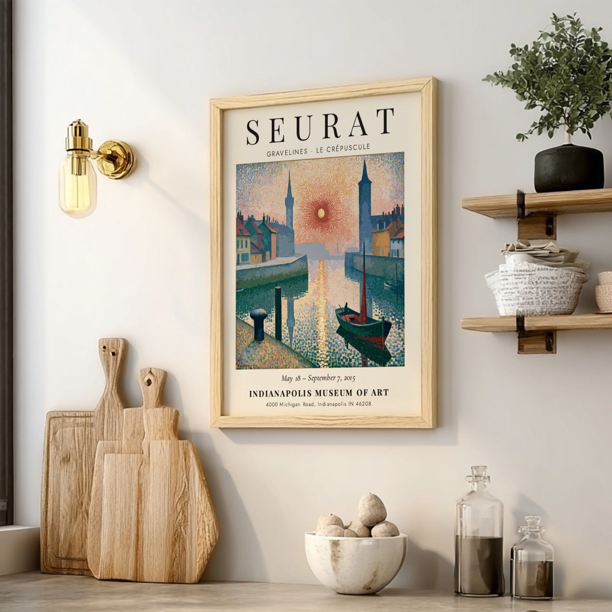 Seurat exhibition poster featuring Gravelines Le Crépuscule with vibrant colors and serene waterfront scene