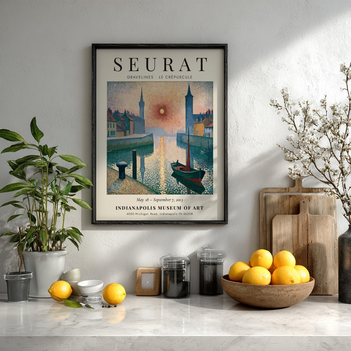 Seurat exhibition poster featuring Gravelines Le Crépuscule with vibrant colors and serene waterfront scene