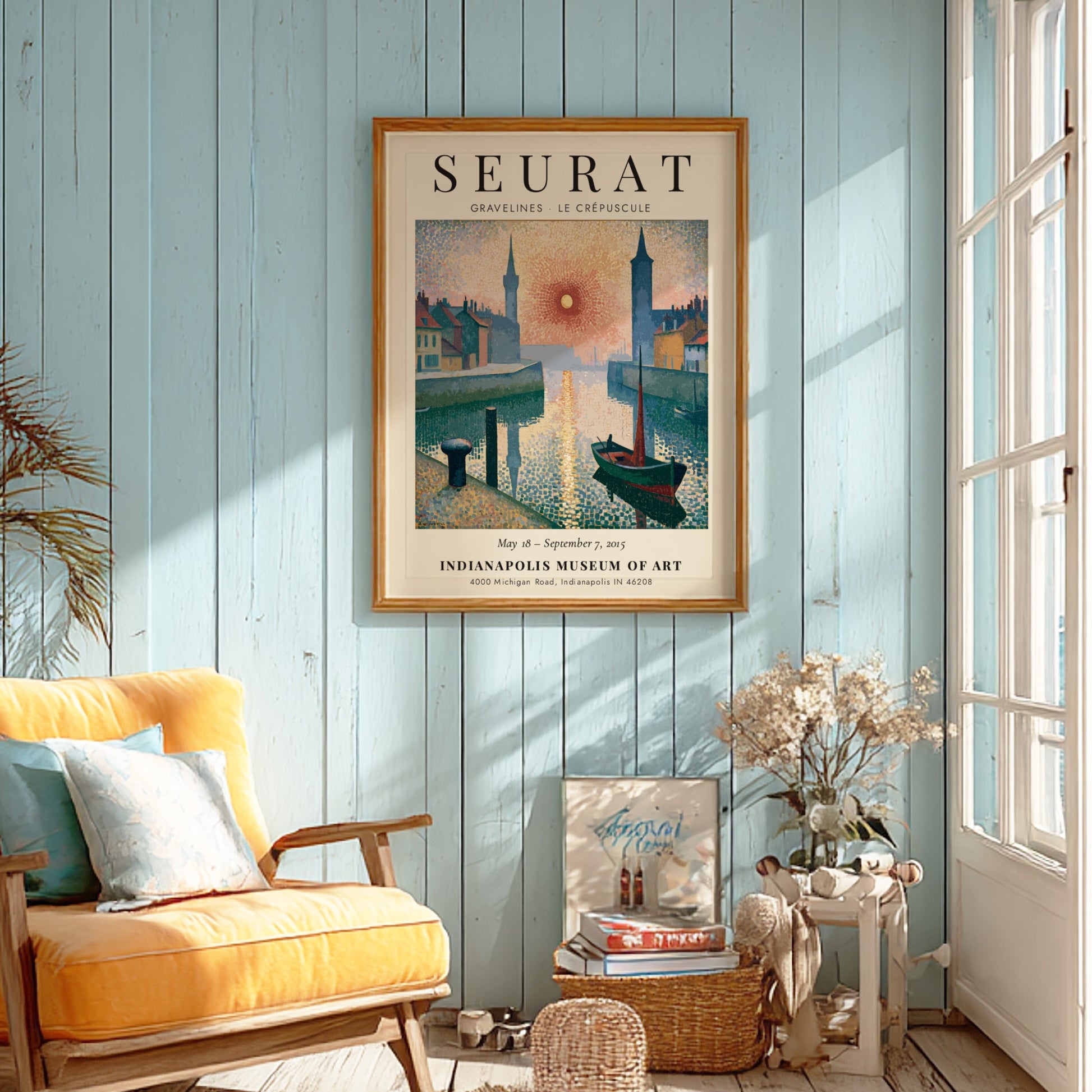 Seurat exhibition poster featuring Gravelines Le Crépuscule with vibrant colors and serene waterfront scene