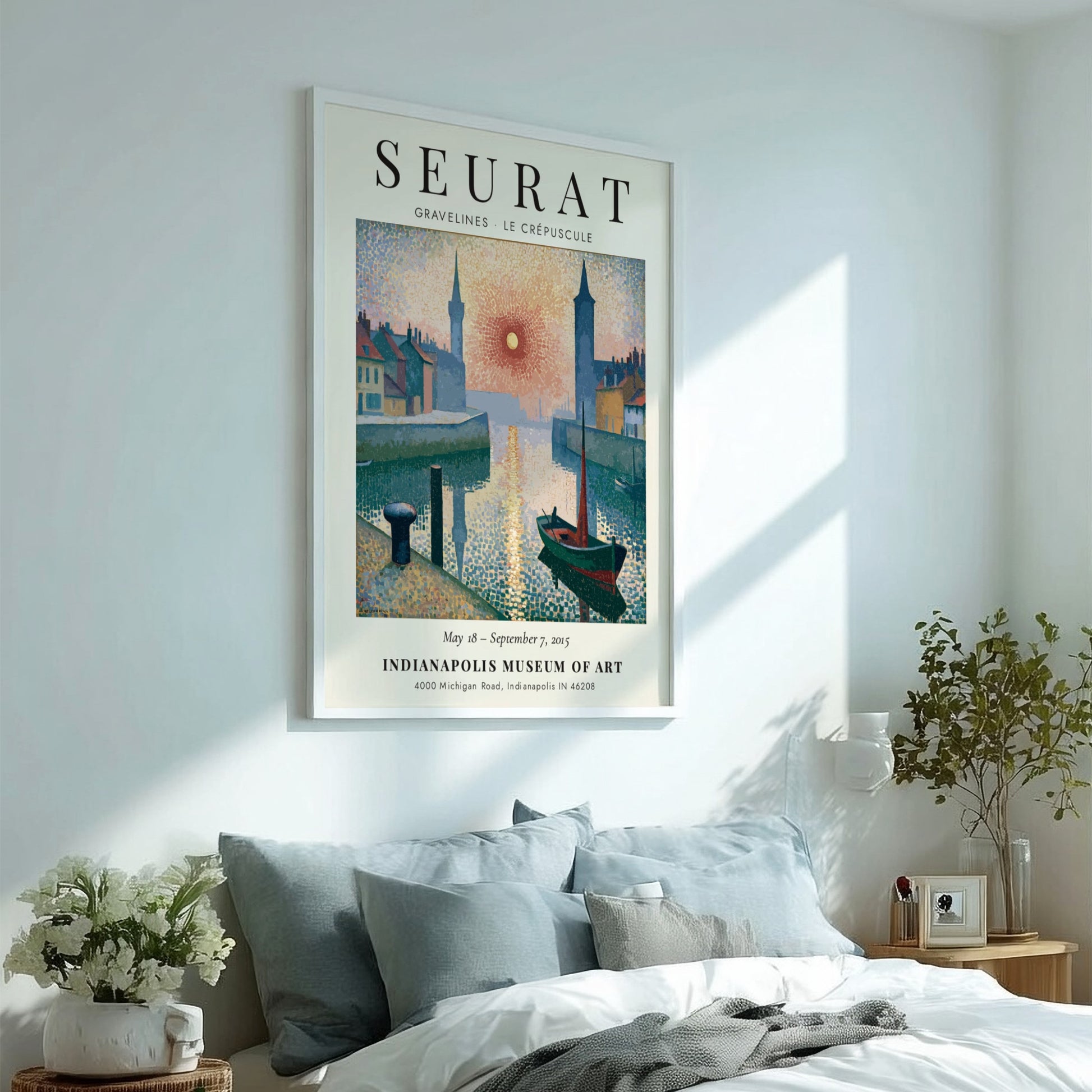 Seurat exhibition poster featuring Gravelines Le Crépuscule with vibrant colors and serene waterfront scene