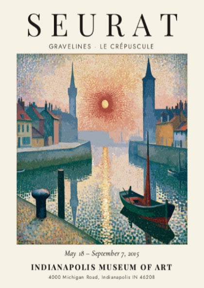 Seurat exhibition poster featuring Gravelines Le Crépuscule with vibrant colors and serene waterfront scene