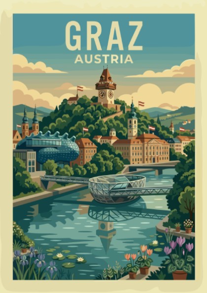 Retro travel poster of Graz, Austria skyline with Schlossberg clock tower and Mur river.