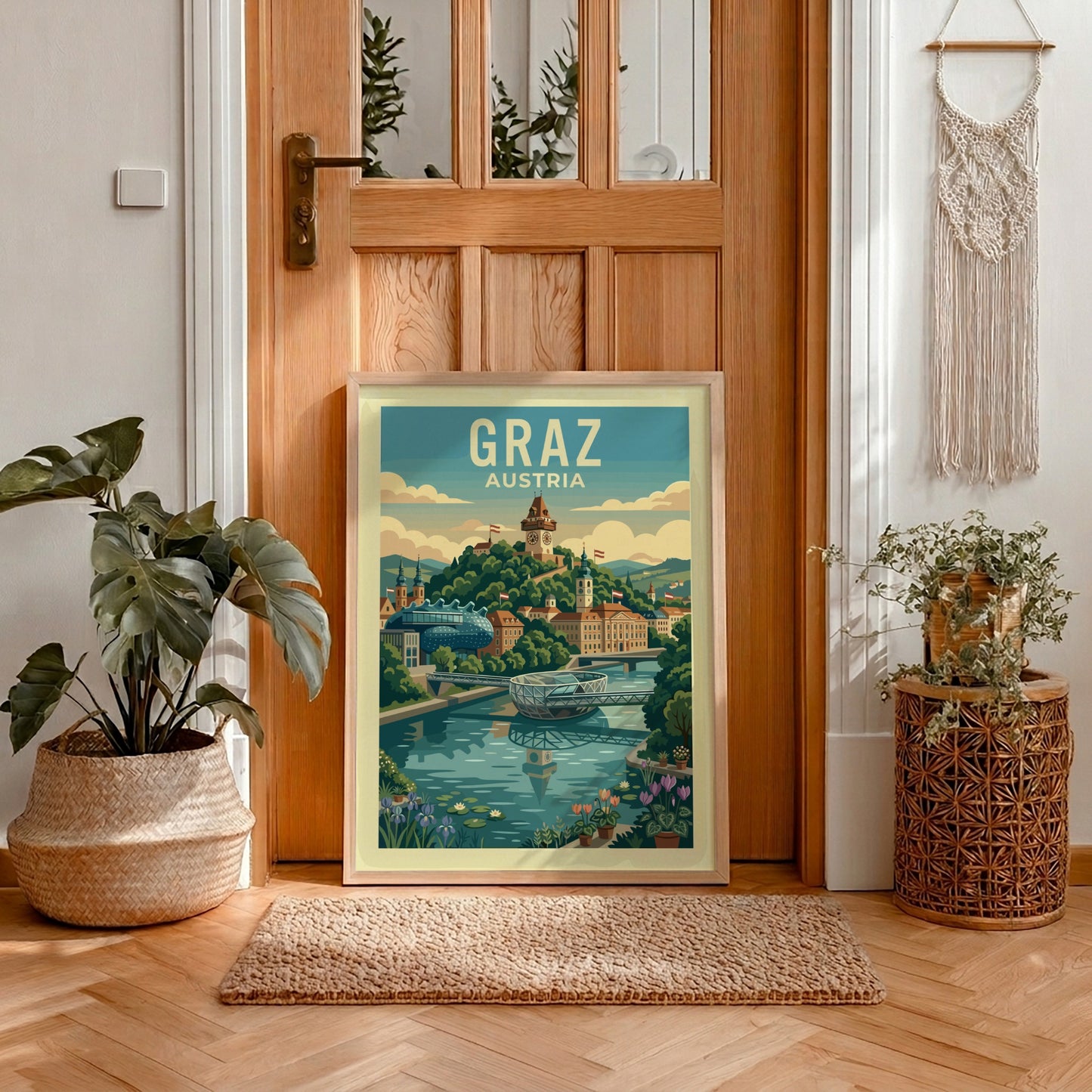 Retro travel poster of Graz, Austria skyline with Schlossberg clock tower and Mur river.